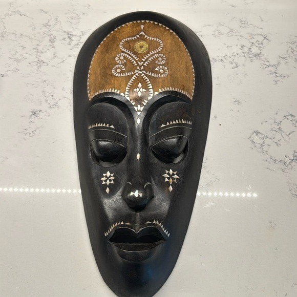 Vintage Other - Vintage Large Indonesian Wood Mother Of Pearl Inlay‎ Handcarved Tribal Mask Art